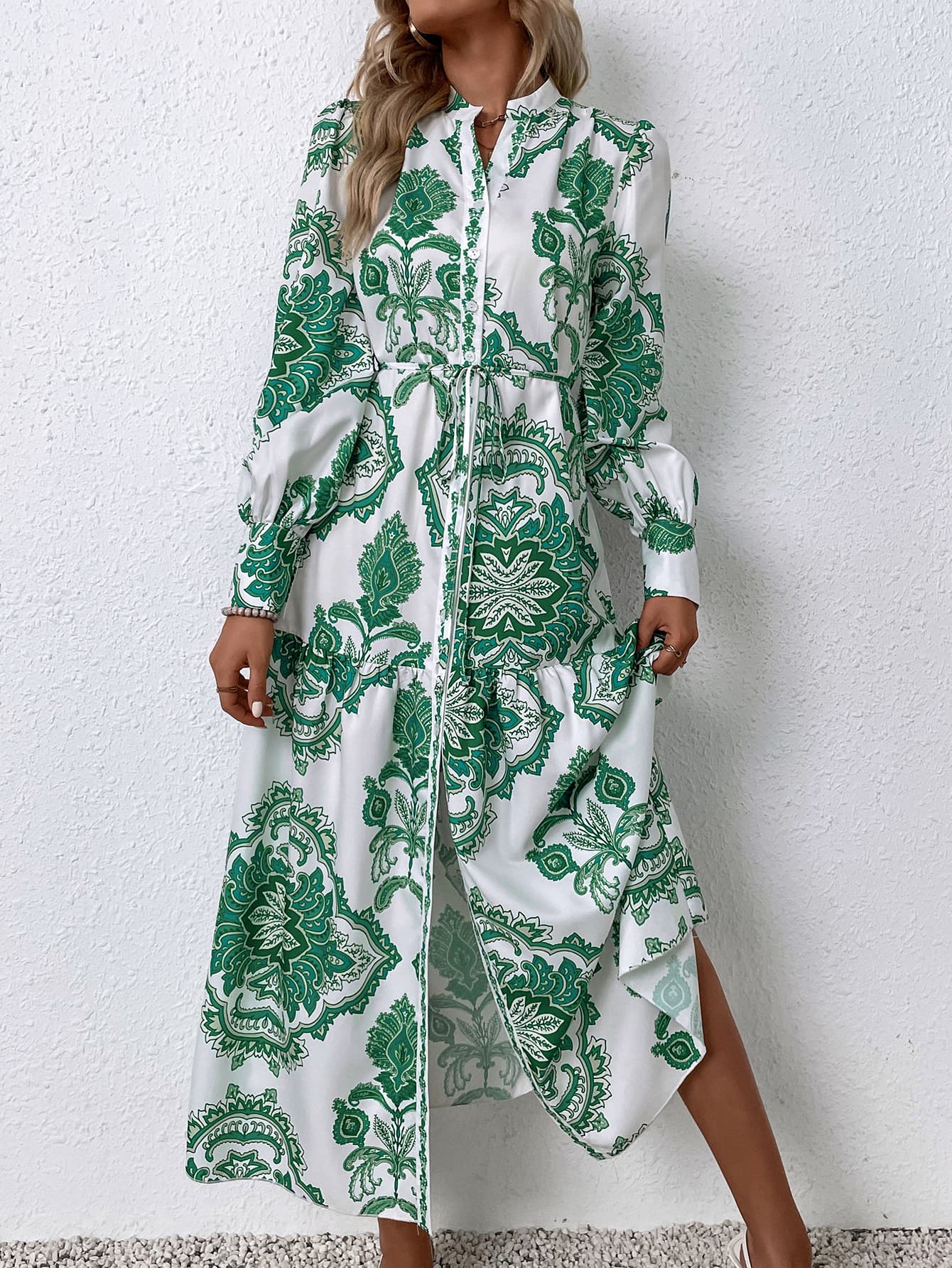 Printed Tie Waist Notched Neck Midi Dress