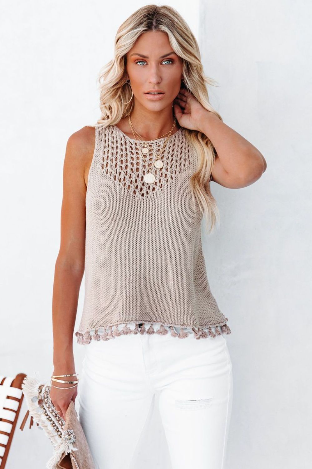 Openwork Tassel Hem Knit Tank