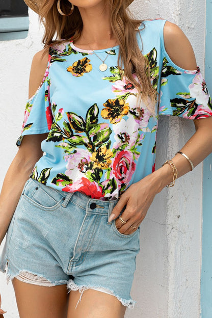 Floral Cold-Shoulder Round Neck Top