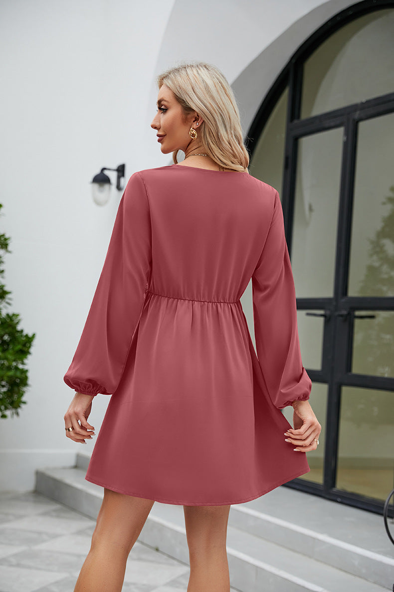 Frill Trim V-Neck Long Sleeve Dress