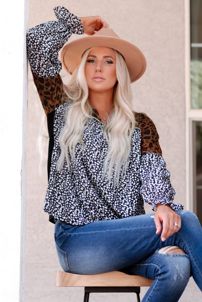 Animal Print Color Block  V-Neck Flounce Sleeve Blouse