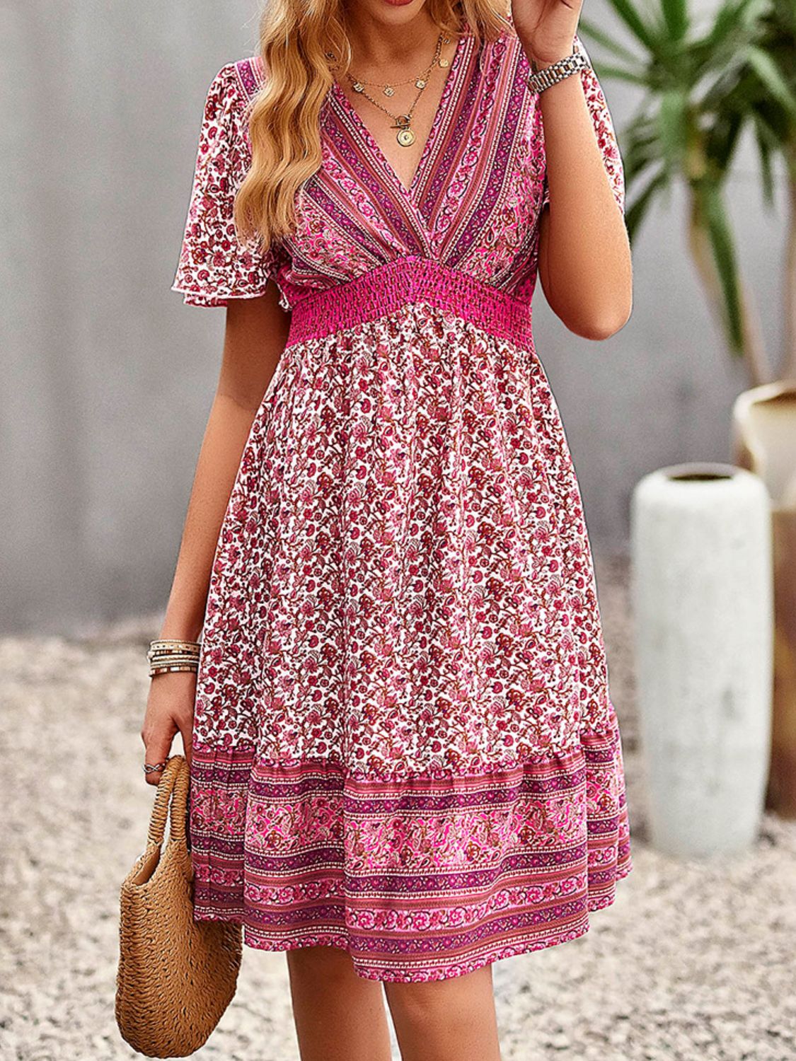 Floral Print Bohemian Style V-Neck Flutter Sleeve Dress