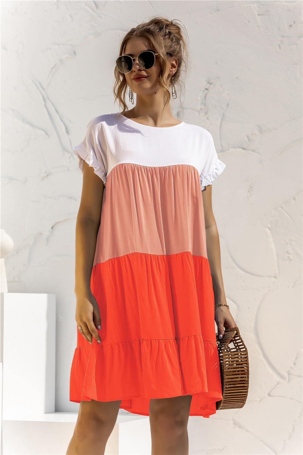 Color Block Round Neck Ruffle Hem Dress