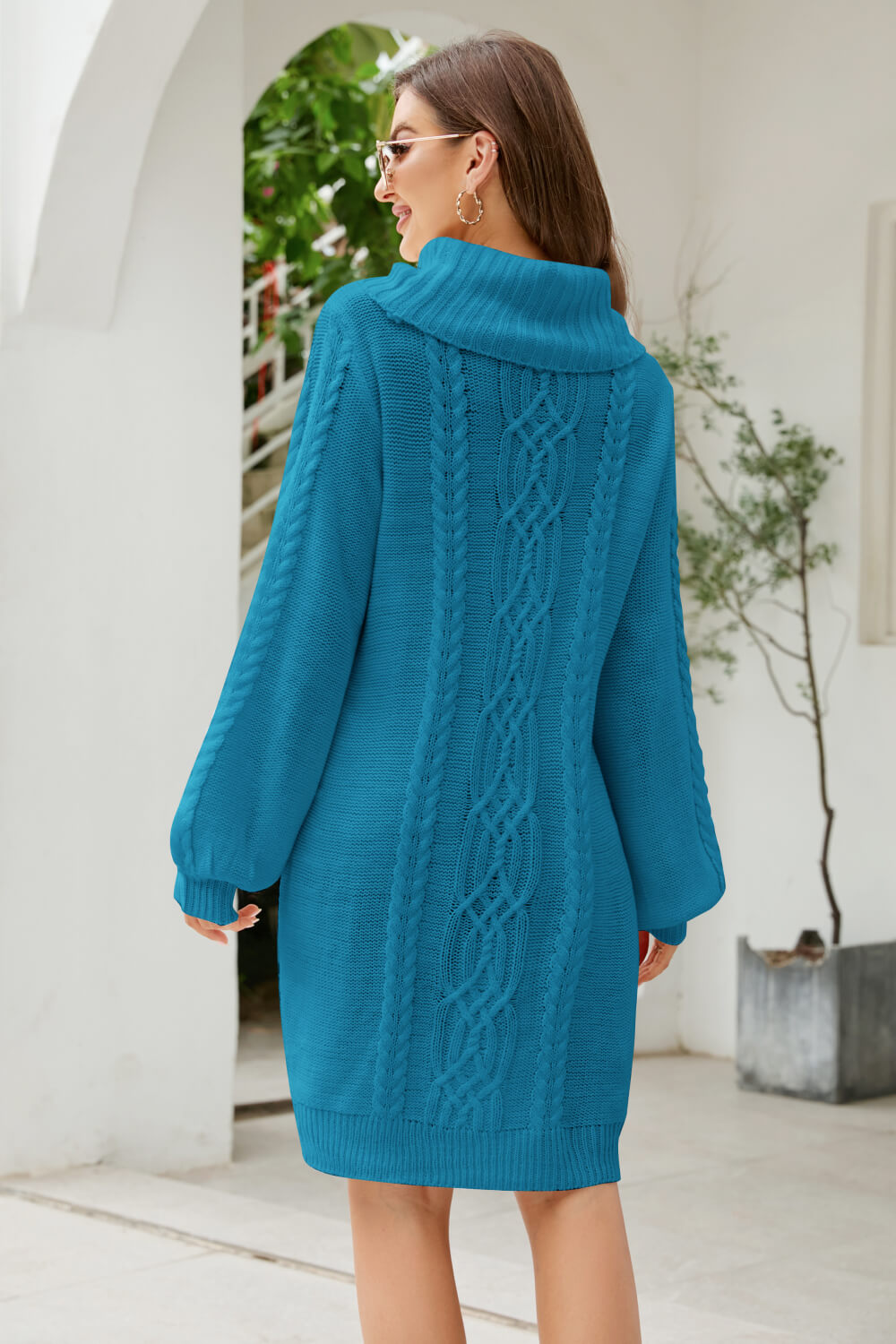 Mixed Knit Turtleneck Lantern Sleeve Sweater Dress