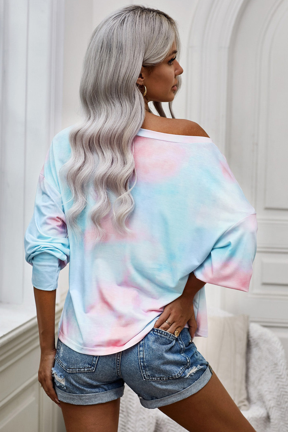 Tie-Dye Boat Neck Batwing Sleeve Tee