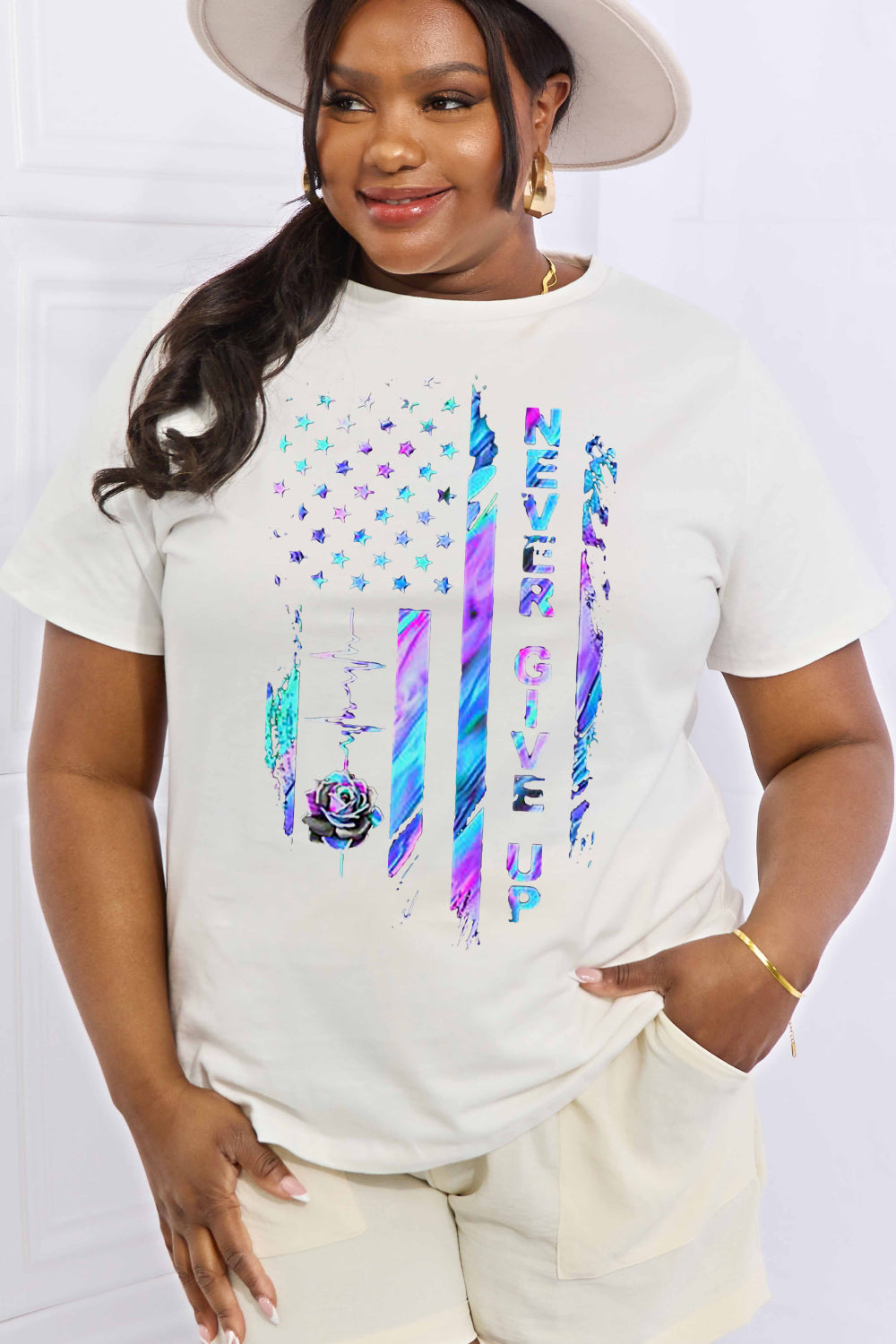 Simply Love Full Size NEVER GIVE UP Graphic Cotton Tee