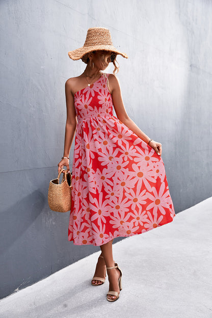 Floral Smocked One-Shoulder Midi Dress