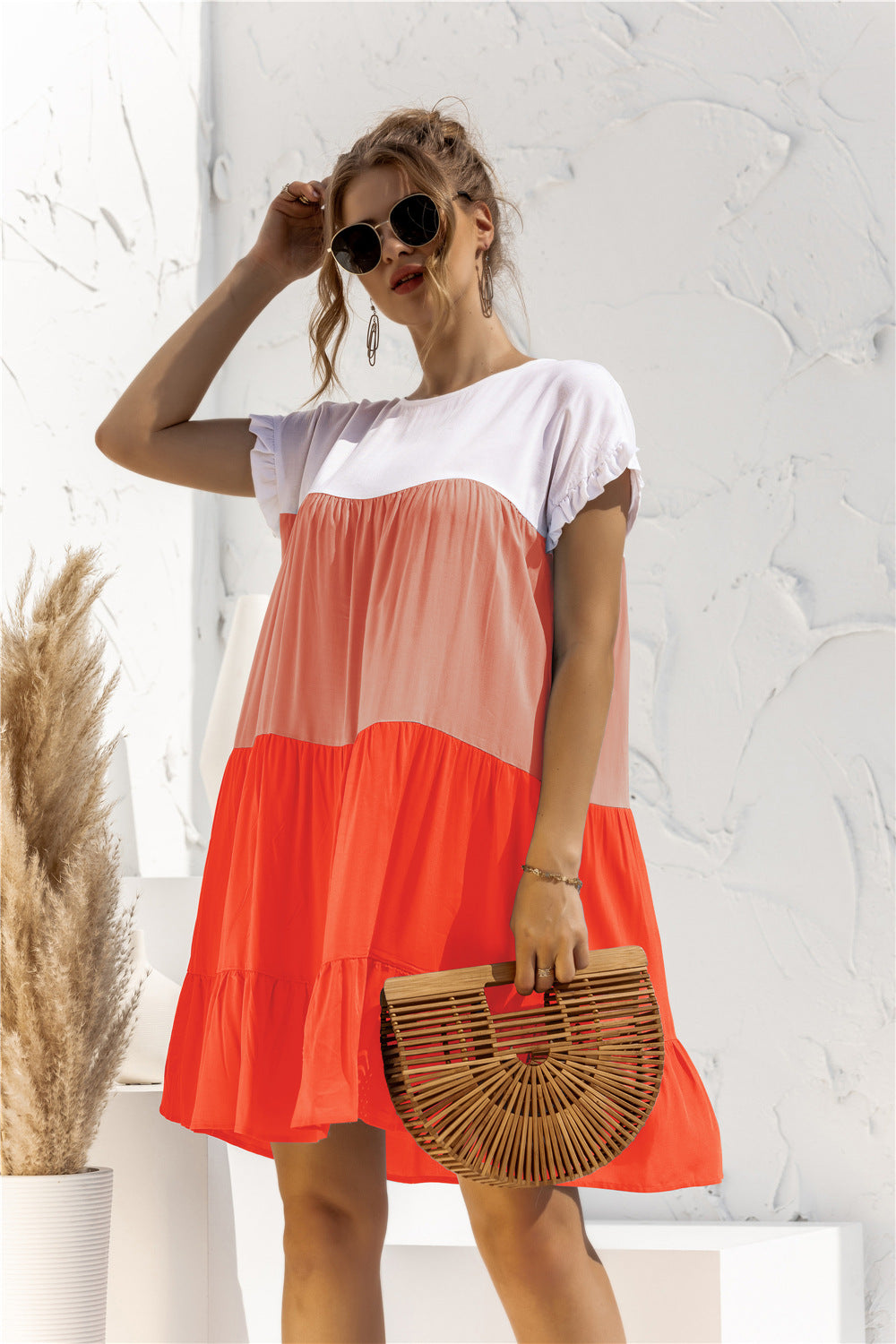 Color Block Round Neck Ruffle Hem Dress