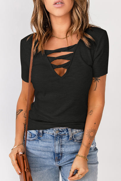 Strappy Ribbed Knit T-Shirt