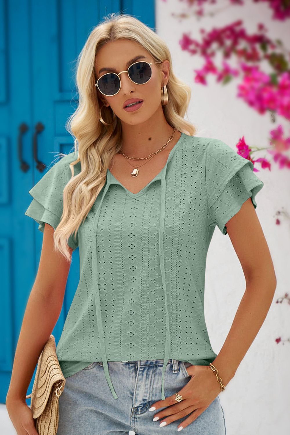 Eyelet Tie-Neck Flutter Sleeve Blouse