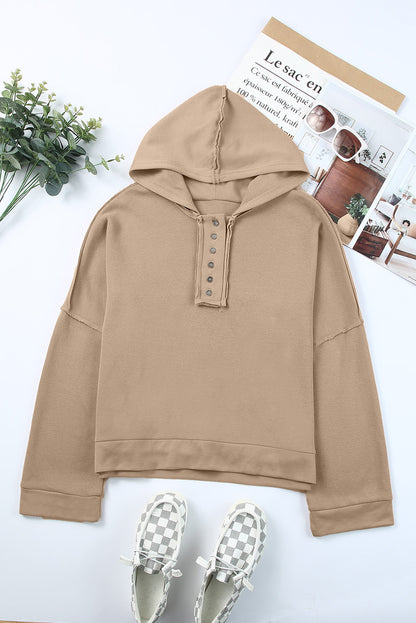 Quarter-Button Exposed Seam Dropped Shoulder Hoodie