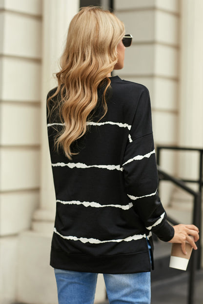 Striped Side Slit Round Neck Sweatshirt