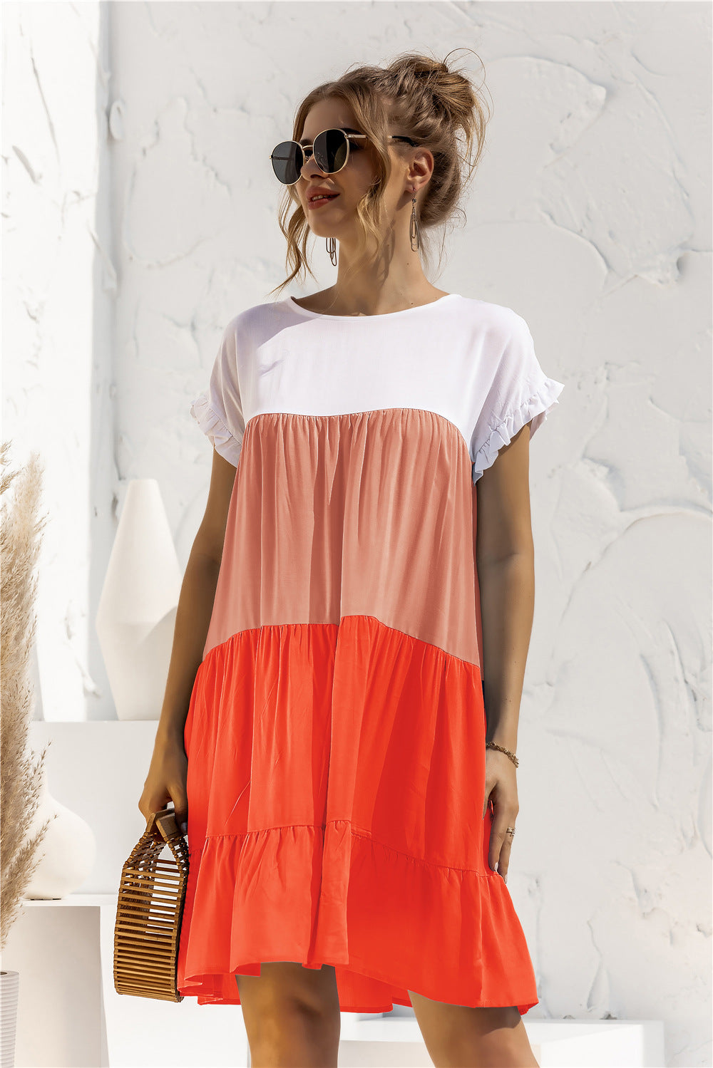 Color Block Round Neck Ruffle Hem Dress