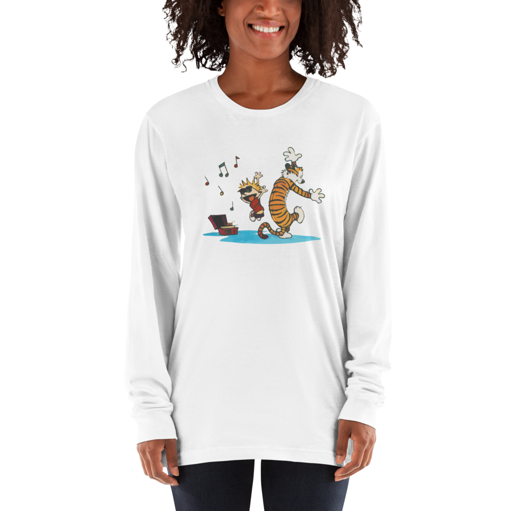 Calvin and Hobbes Dancing with Record Player Long Sleeve Shirt-2