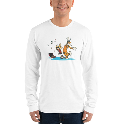 Calvin and Hobbes Dancing with Record Player Long Sleeve Shirt-1