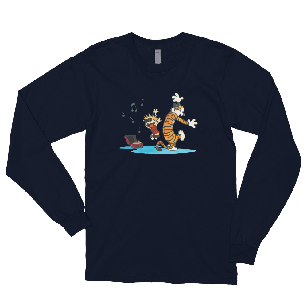 Calvin and Hobbes Dancing with Record Player Long Sleeve Shirt-4