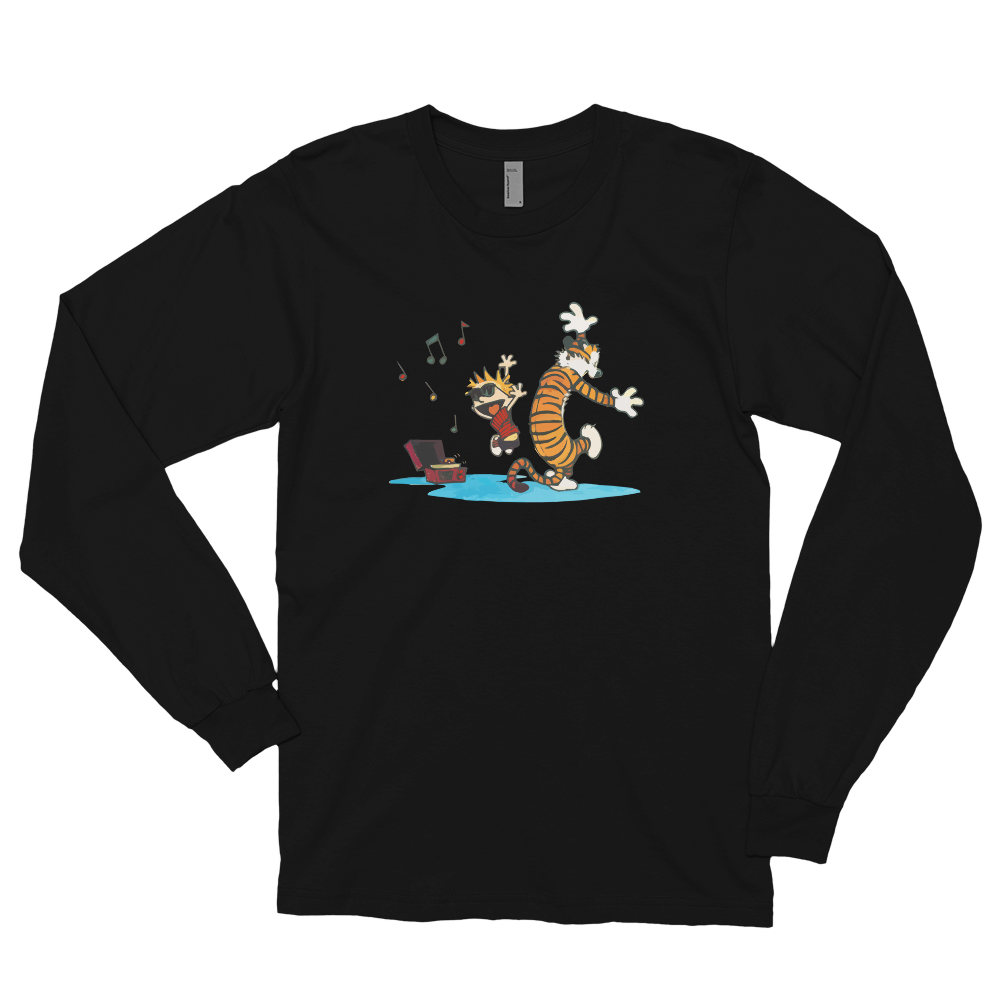 Calvin and Hobbes Dancing with Record Player Long Sleeve Shirt-3